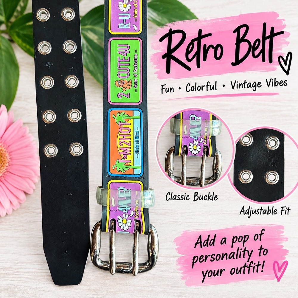 Retro Y2K Graphic Grommet Belt Black Multi Color 2 CUTE 4 U PL8021001 Medium